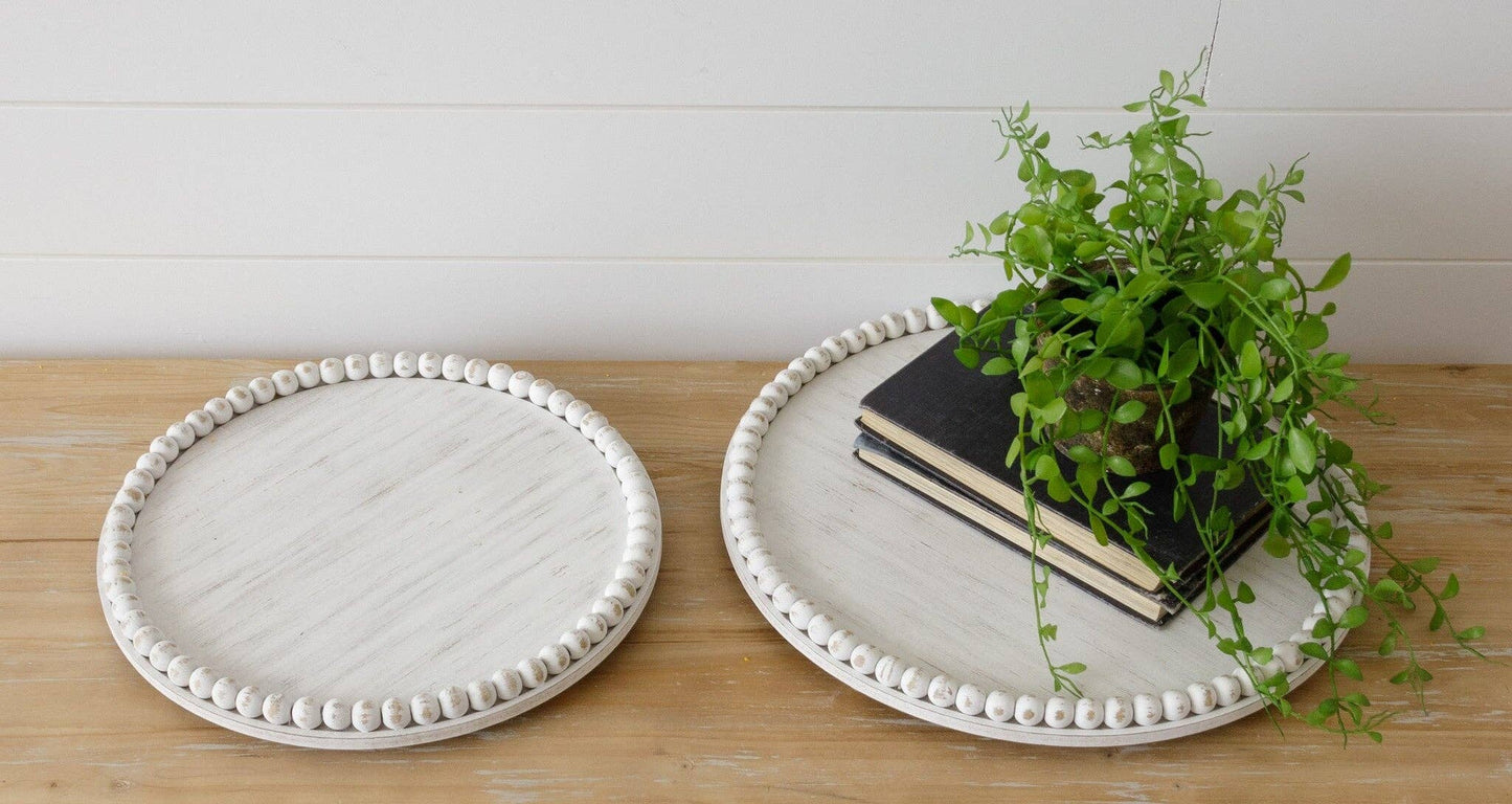 Chippy White Round Beaded Tray Small