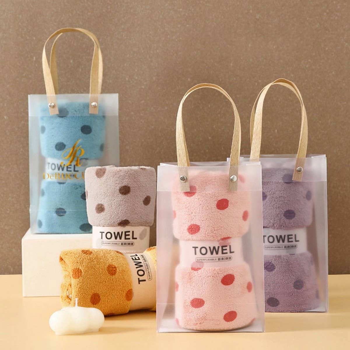 CORAL FLEECE POLKA DOT ABSORBENT FACE TOWEL KHAKI